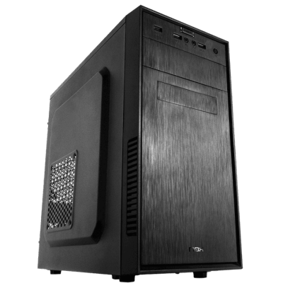 Computador de secretária preto com painel frontal em textura metálica escovada e entradas USB