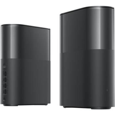 Duas caixas retangulares cinza escuro com portas Ethernet e botão MESH/RESET