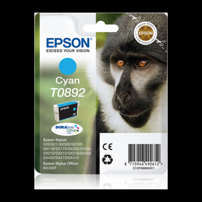 Cápsula de tinta Epson Cyan T0892 com fotografia de macaco na embalagem.