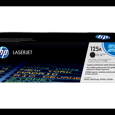 Cartucho tonner HP LaserJet 125A CB540A embalagem preta com texto e nomes de cidades neon
