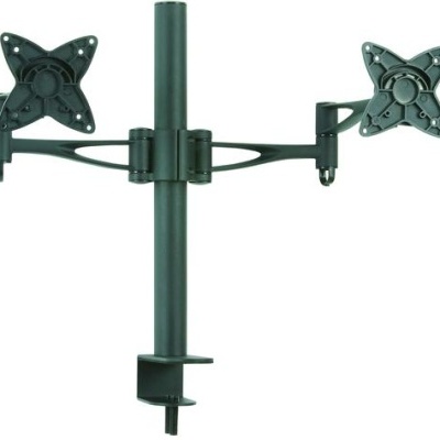 Suporte de mesa preto para dois monitores com braços articulados