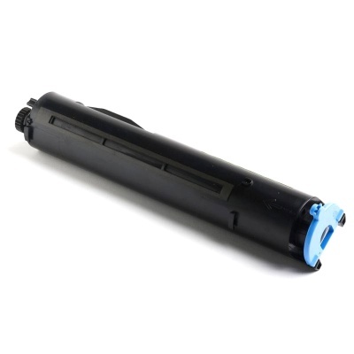 Cartucho de toner preto com tampa azul sobre fundo branco