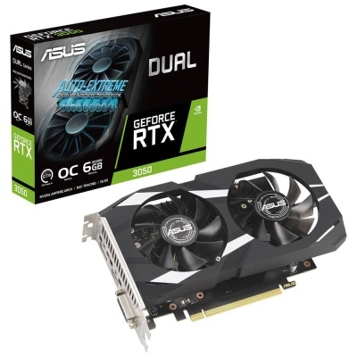 Placa gráfica ASUS GeForce RTX 3050 Dual com caixa e placa visível