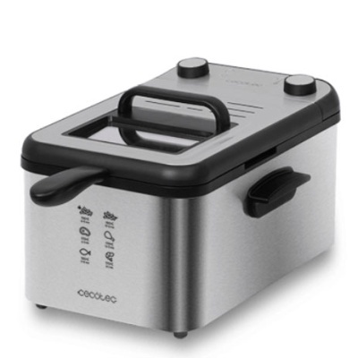 Fritadeira eléctrica cinza e preta com tampa com janela transparente