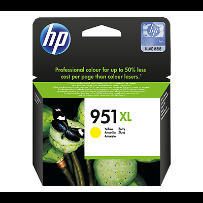 Embalagem de tinteiro HP 951XL amarela com imagem de inseto e planta verde