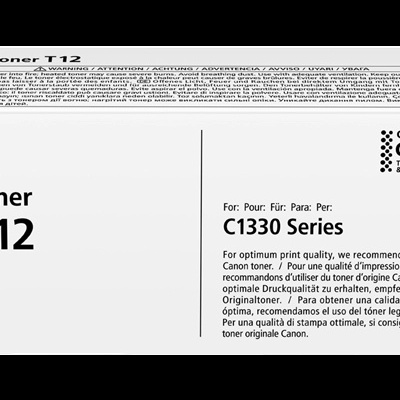 Embalagem branca de toner Canon T12 para impressoras C1330 com texto e etiqueta preta
