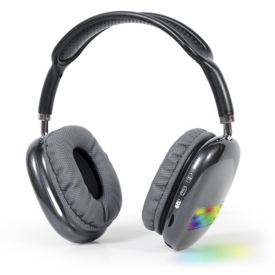 Auriculares over-ear pretos com almofadas cinza e luzes coloridas