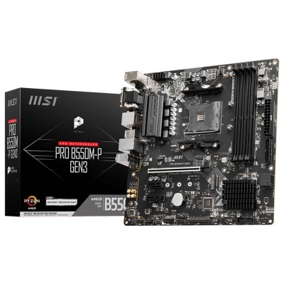Placa-mãe MSI PRO B550M-P GEN3 com caixa preta ao fundo