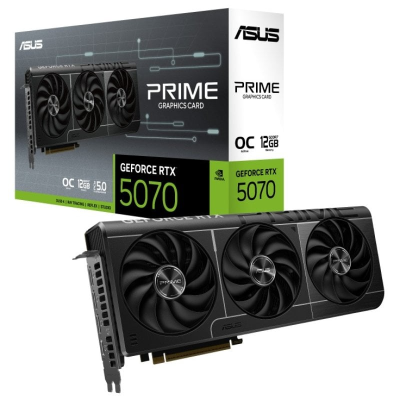 Placa gráfica ASUS PRIME GEFORCE RTX 5070 com 3 ventoinhas pretas junto à sua caixa
