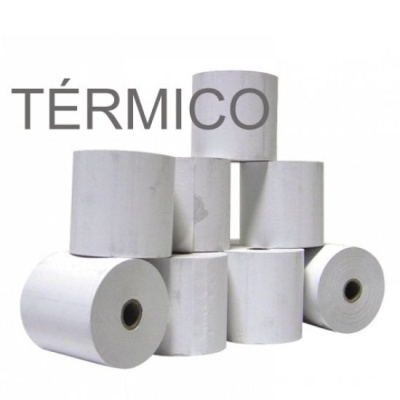 Rolos de papel térmico branco empilhados com texto TÉRMICO