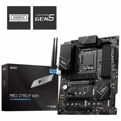 Placa-mãe MSI PRO Z790-P WIFI e caixa preta com texto