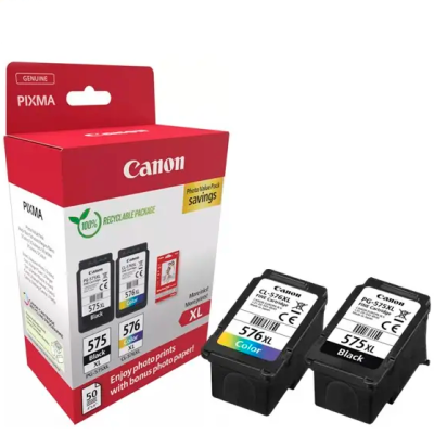 Pack de tinteiros Canon PIXMA preto e colorido em embalagem vermelha e branca