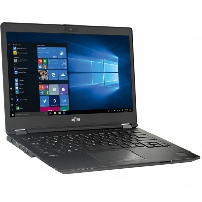 Computador portátil preto Fujitsu com ecrã a mostrar Windows 10