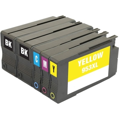 Conjunto de cartuchos de tinta para impressora com etiqueta amarela e texto