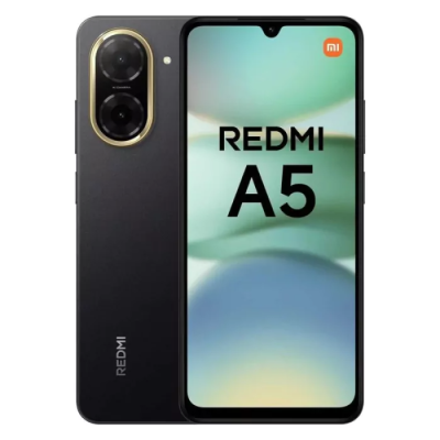 Smartphone Redmi A5 preto com câmara dupla e ecrã frontal