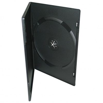 Estojo preto para CD ou DVD aberto, feito de plástico