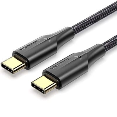 Cabo USB tipo C preto com revestimento trançado e conectores dourados