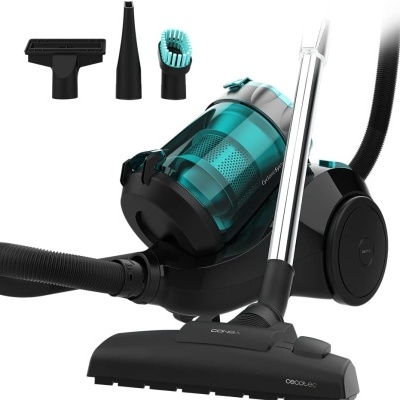 aspirador de pó preto e azul com acessórios