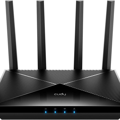 Router sem fios preto com seis antenas e luzes LED azuis