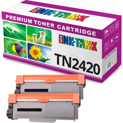 Cartuchos de toner cinza com detalhes laranja junto a embalagem branca e roxa com texto e imagens coloridas