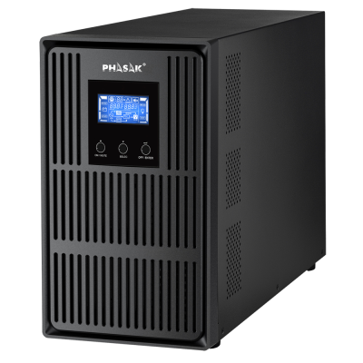 Unidade preta PHASAK UPS com visor digital e botões rotativos