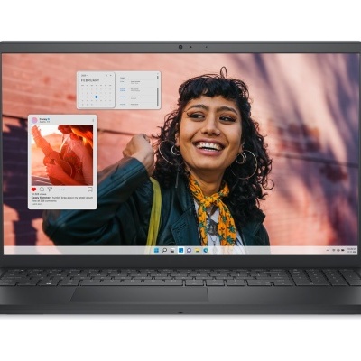 Portátil preto com ecrã mostrando mulher sorridente e interface de aplicativos