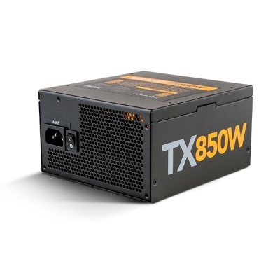 Fonte de alimentação TX850W preta com grelha de ventilação hexagonal e interruptor de energia