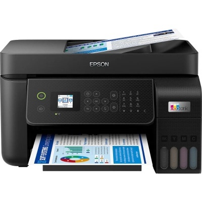 Impressora multifunções preta Epson EcoTank a imprimir páginas coloridas