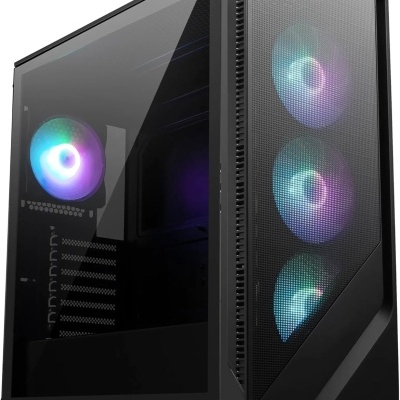 Caixa de computador preta com ventoinhas RGB coloridas e painel vidro temperado