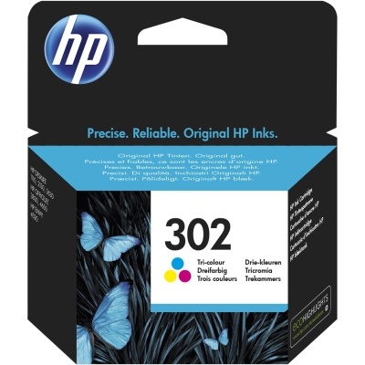 Caixa preta de tinteiro HP 302 tri-color com borboletas azuis e texto multilingue
