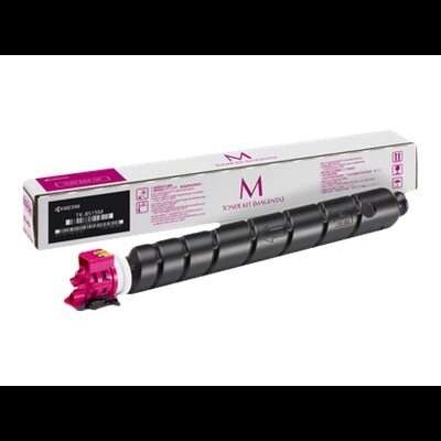 Toner de impressora preto com detalhes cor-de-rosa e embalagem branca com texto