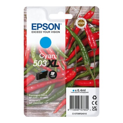 Cartucho de tinta Epson Cyan 503 XL sobre fundo de pimentos vermelhos e verdes