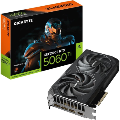 Placa gráfica Gigabyte GeForce RTX 5060 Ti com ventoinhas duplas e caixa preta e laranja.