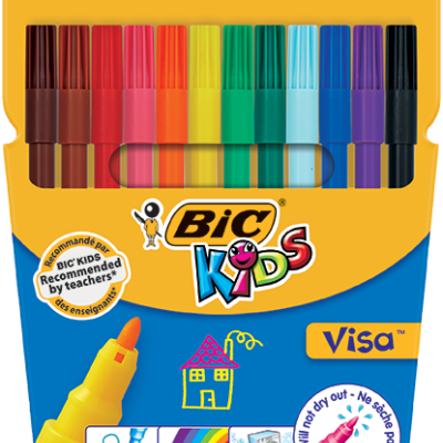 Conjunto de 12 marcadores Bic Kids coloridos em embalagem amarela e azul.