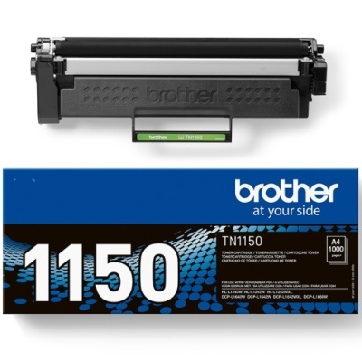 Cartucho de toner Brother TN1150 e caixa azul com texto e gráfico azul