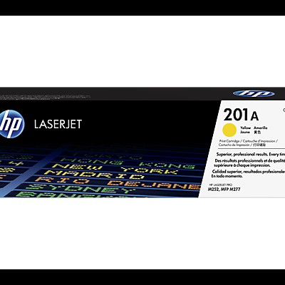 Embalagem de cartucho HP LaserJet 201A amarelo CF402A com texto e padrão colorido
