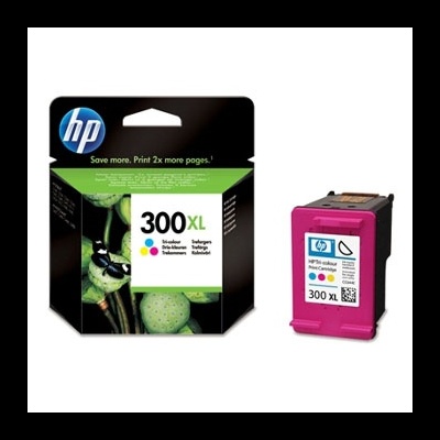 Cartucho de tinta HP 300XL tri-cor com embalagem preta e verde