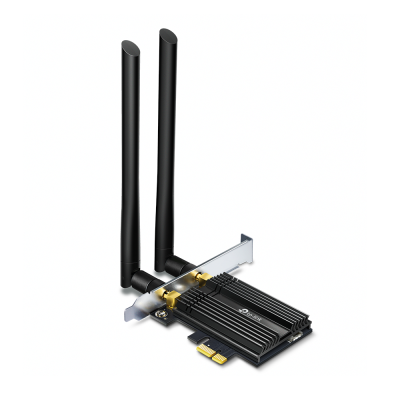 Placa de rede sem fios preta TP-Link com duas antenas e conetores dourados