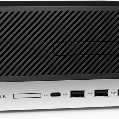 Computador HP ProDesk preto com painel frontal prateado e várias portas USB
