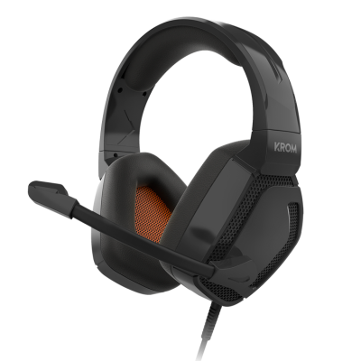 Headset de gaming preto KROM com microfone e almofadas laranja