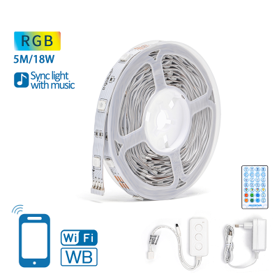 Rolo de fita LED RGB com acessórios e ícones de funcionalidades