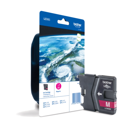 Cartucho de tinta magenta Brother LC985M com embalagem azul e imagem do planeta Terra