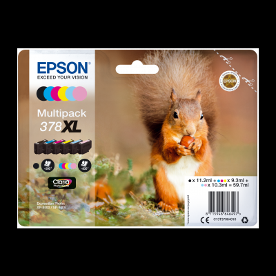 Embalagem de tinteiros Epson 378XL com imagem de esquilo e texto informativo