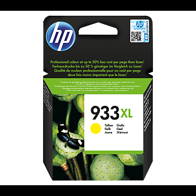 Cartucho tinta HP 933XL amarelo com embalagem preta e imagem de plantas e borboleta