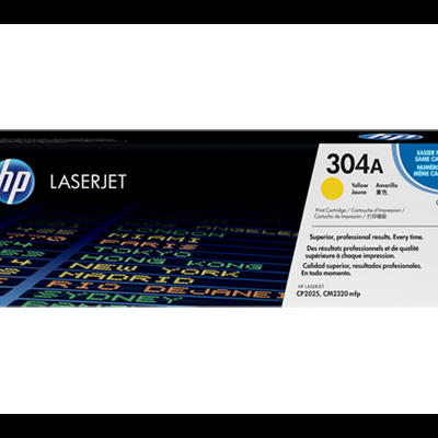 Cartucho de toner HP LaserJet 304A amarelo na embalagem preta com texto e logotipo