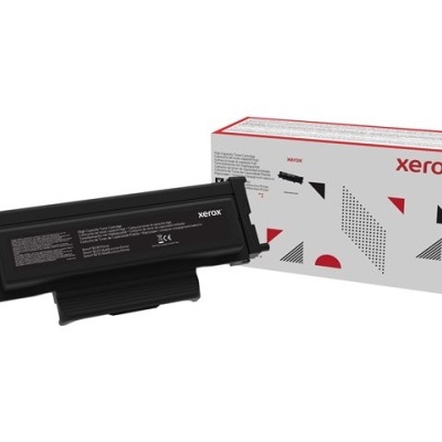 Toner preto Xerox com caixa branca decorada, texto legível e detalhes geométricos