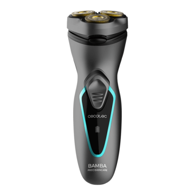 Aparelho de barbear elétrico cinza e preto com cabeças rotativas douradas