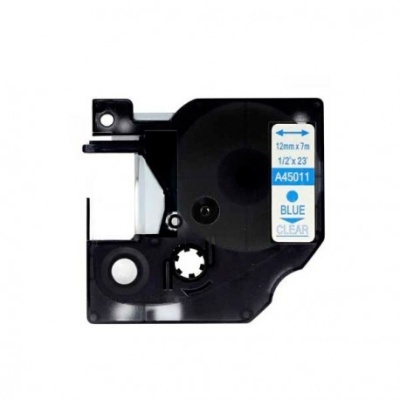 Cassete de fita preta para rotuladora com etiqueta azul e branca