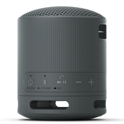 Coluna portátil cinza escuro com botões e grelha perfurada