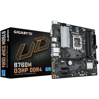Placa-mãe Gigabyte B760M D3HP DDR4 e caixa preta com texto